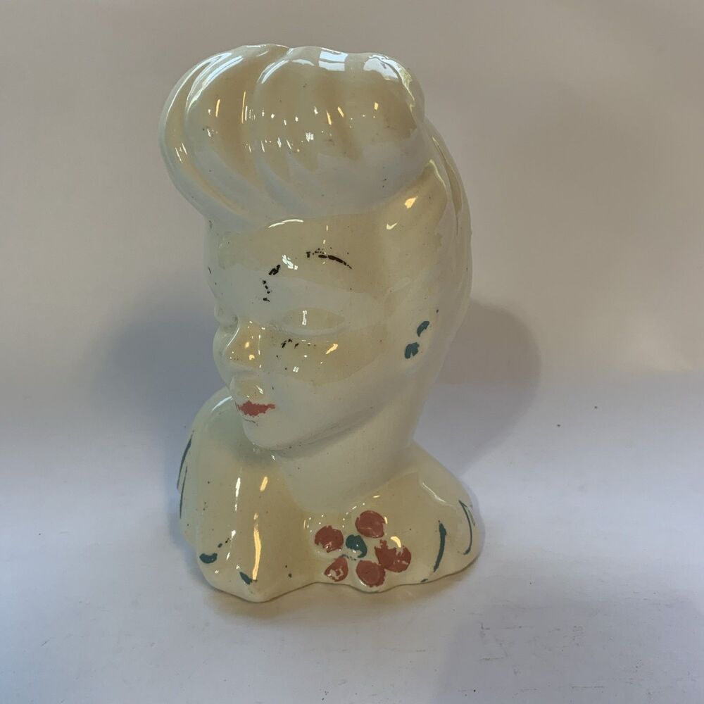 Vintage 7” Lady Head Vase Planter- 50’s - Ceramic Bust- Floral Collar- MCM Glam